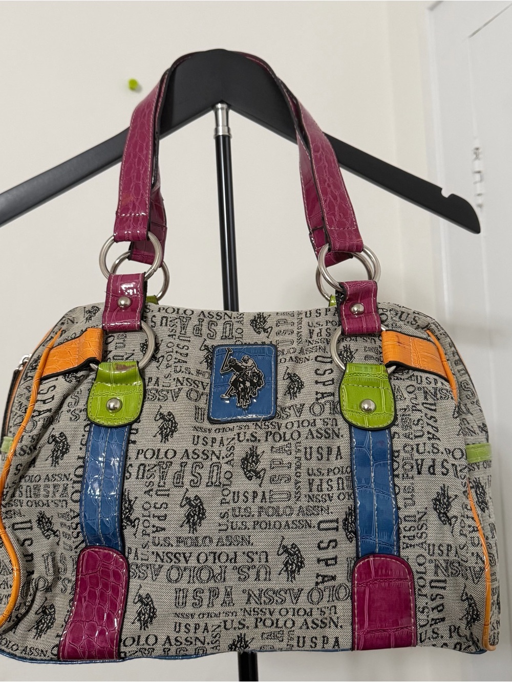 U.S. Polo Assn. Multicolor Logo Satchel with Pink, Blue, Green and Orange Trim